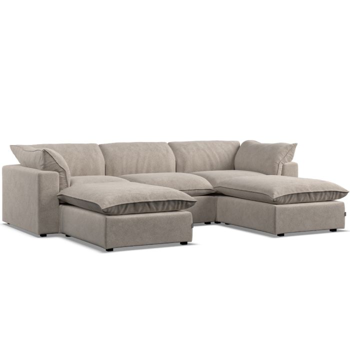 Corner Sofa - PUEBLA Fabric 5 Seater U Shaped Fossil - Footstool End