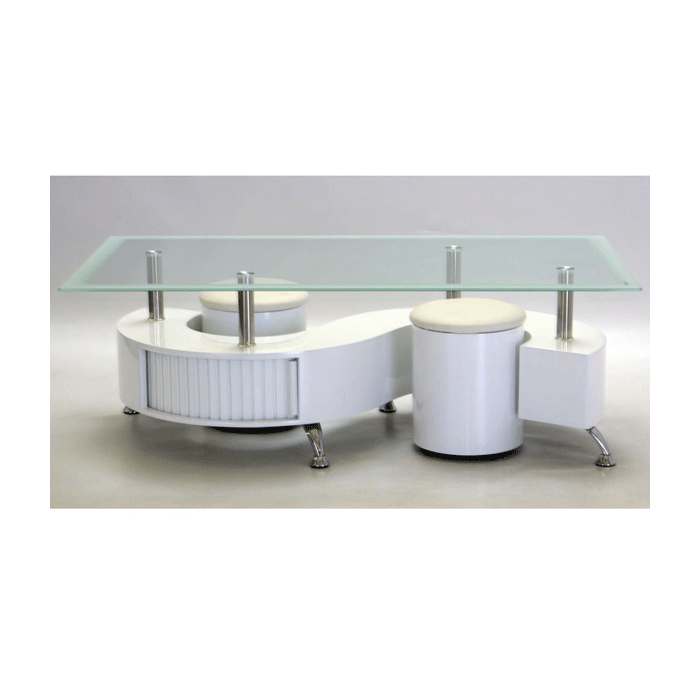 Helston luxurious White High Gloss Coffee Table with Set of 2 Stools and Glass Table Top