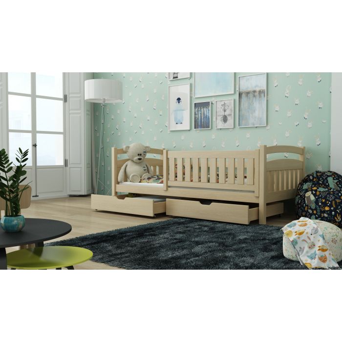 Terrance Wooden Bed with 2 Drawers Storage and Foam Mattress - Pine