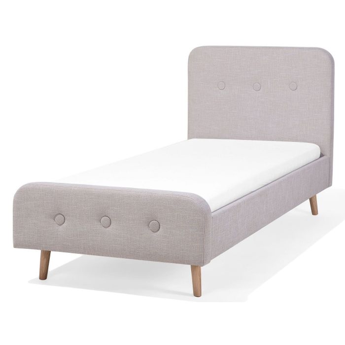 Slatted Bed Frame Beige Polyester Fabric Upholstered Wooden Legs 3ft EU Single Size Modern Design 
