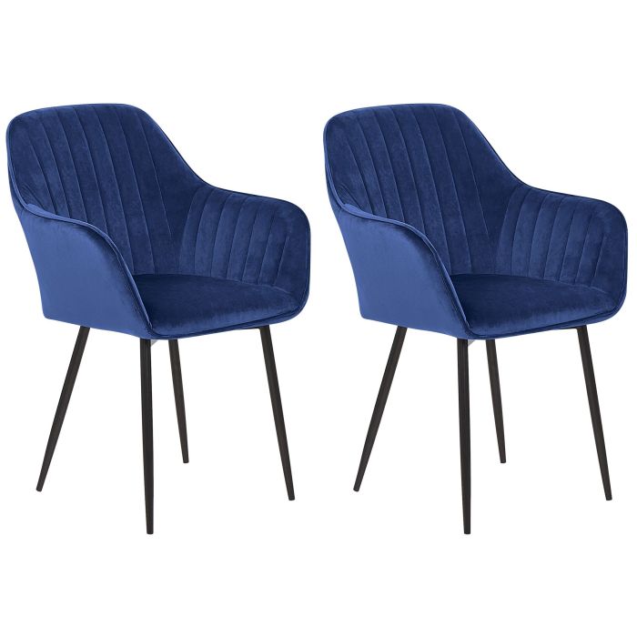 Set of 2 Dining Chairs Blue Velvet Armrests Black Metal Legs Retro Glam 