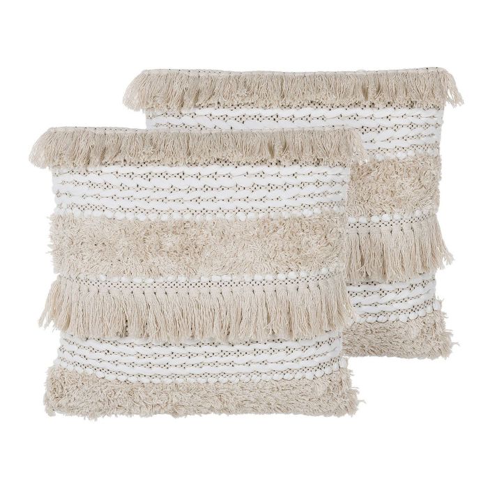 Set of 2 Decorative Cushions Beige Striped Pattern 45 x 45 cm with Tassels Boho Retro Decor Accessories