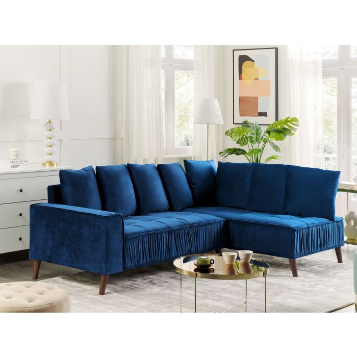 Left Hand Velvet Corner Sofa Blue GRENA