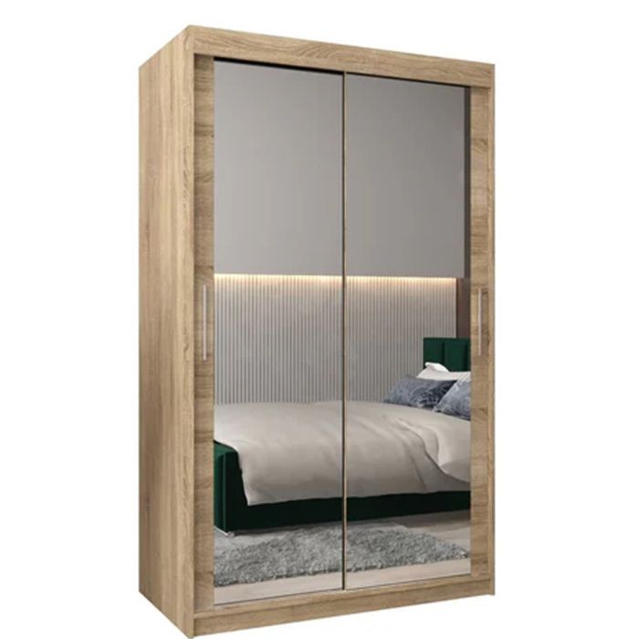 TIVERTONI 2 Door Mirrored Sliding Wardrobe Light Oak - 120cm