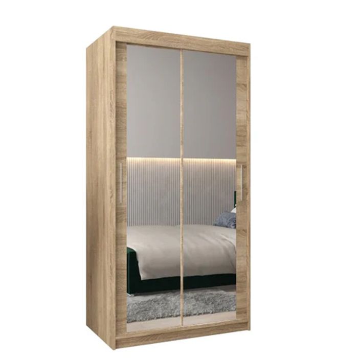 TIVERTONI 2 Door Mirrored Sliding Wardrobe Light Oak - 100cm