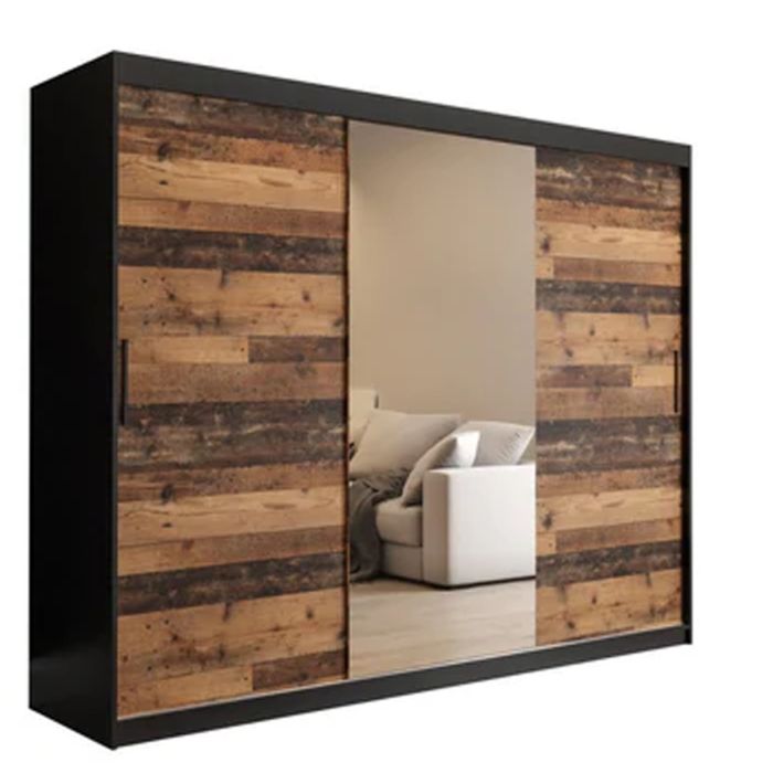 CURTIS 3 Door Mirrored Sliding Wardrobe Black and Oak - 250cm
