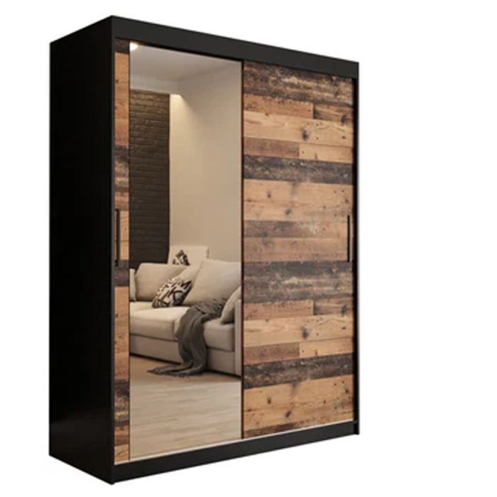 CURTIS 2 Door Mirrored Sliding Wardrobe Black and Oak - 150cm