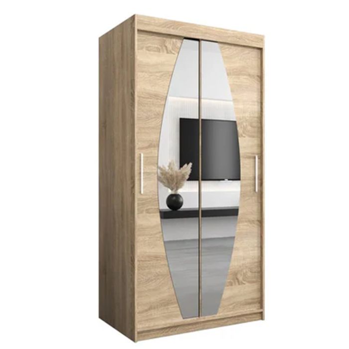 WRIGHT 2 Door Mirrored Sliding Wardrobe Light Oak - 100cm