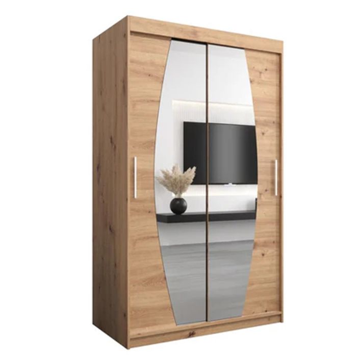 WRIGHT 2 Door Mirrored Sliding Wardrobe Medium Oak - 120cm