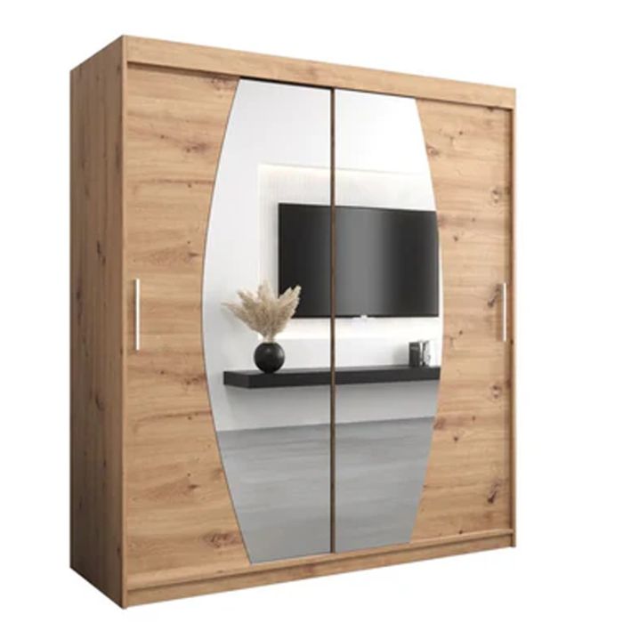 WRIGHT 2 Door Mirrored Sliding Wardrobe Medium Oak - 180cm
