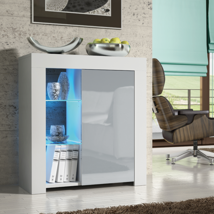Modern TV Stand Sideboard Cabinet with Free LED Lighting 75cm - White and Grey