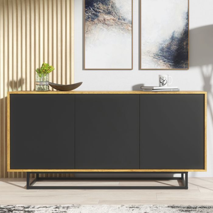 Retro Industrial Oak TV Unit Sideboard Cabinet with Black Doors Vintage Design 160cm - Oak and Black