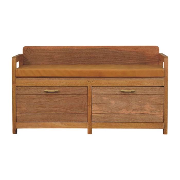 OXLAR Wooden Storage Leather Seat Bench - Medium Oak