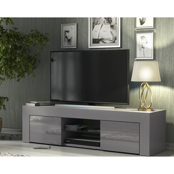 TUSSI Modern TV Unit Cabinet Stylish Matt Body And Gloss Doors 130cm - Grey