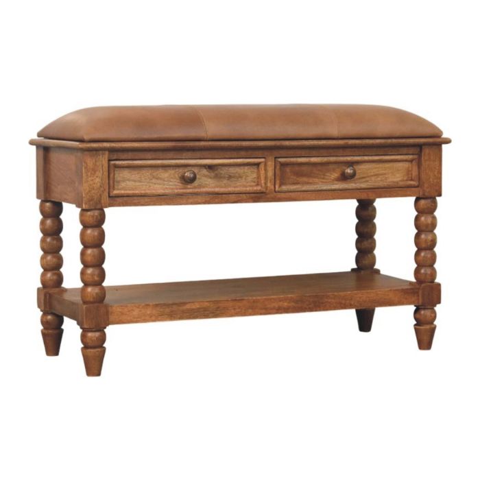 SPINDO Wooden Storage Leather Seat Bench - Medium Oak