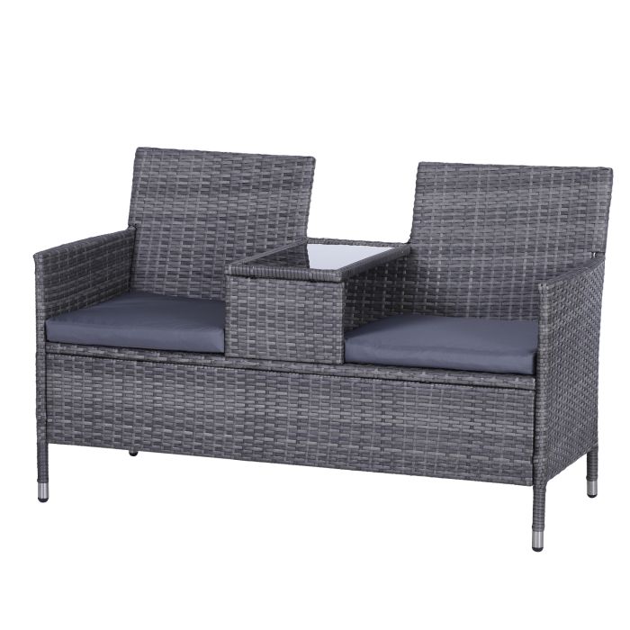 Garden Rattan 2 Seater Companion Seat Wicker Love Seat Weave Partner Bench with Cushions Patio Outdoor Furniture - Grey