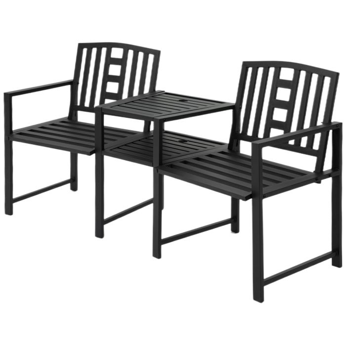 Patio Tete-a-tete Chair 2 Seat Bench Middle Coffee Table w/ Umbrella Hole for Outdoors Decorative Slatted Design Steel Frame Black