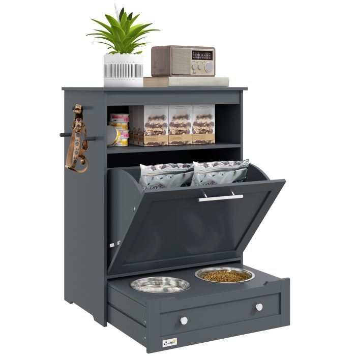 Pet Feeder Station, Dog Food Storage Container with Dog Raised Bowls and Hanger for Feeding and Watering Supplies, Grey