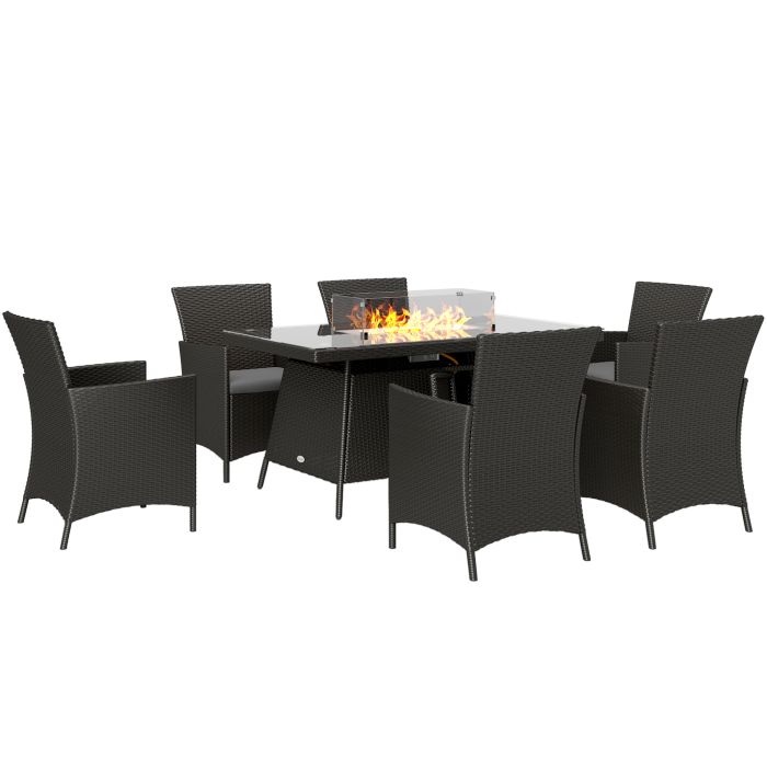 SUNVISTA 7 Pieces Outdoor Rattan Garden Furniture with Fire Pit Table, 6 Seater Garden Table and Chairs with Cushions, Black