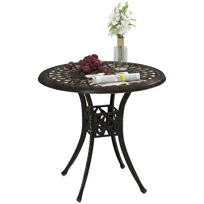 SUNVISTA 78 cm Round Garden Dining Table with Parasol Hole Antique Cast Aluminium Outdoor Table Only, Bronze Tone