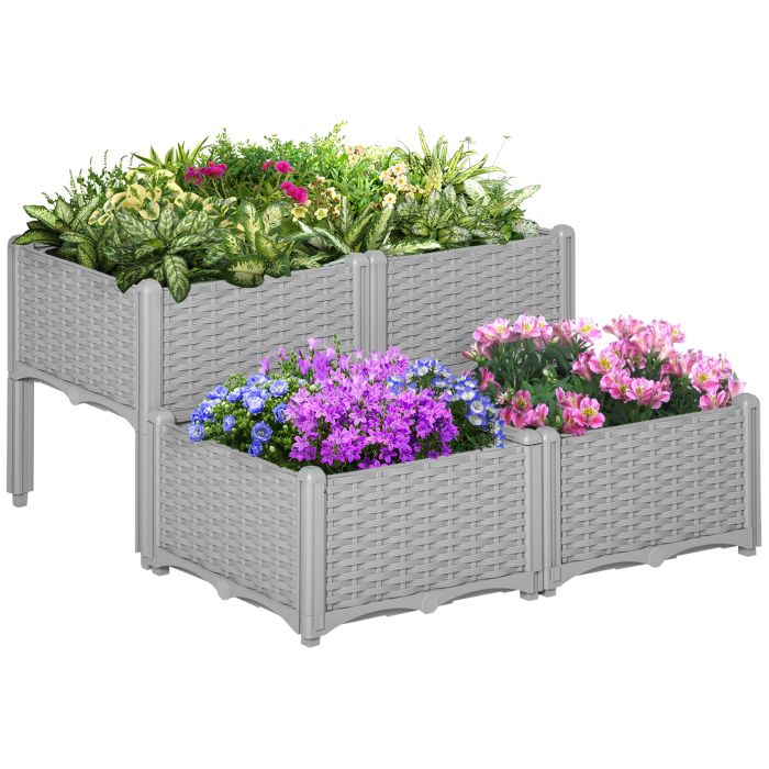 Set of 4 Garden Raised Bed Elevated Patio Flower Plant Planter Box PP Vegetables Planting Container, Grey