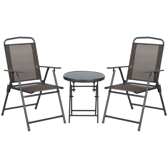 3 Pcs Garden Table and Chairs, Outdoor Bistro Set, Patio Conversation Furniture Set w/ Foldable Armchairs & Glass Top Coffee Table, Brown
