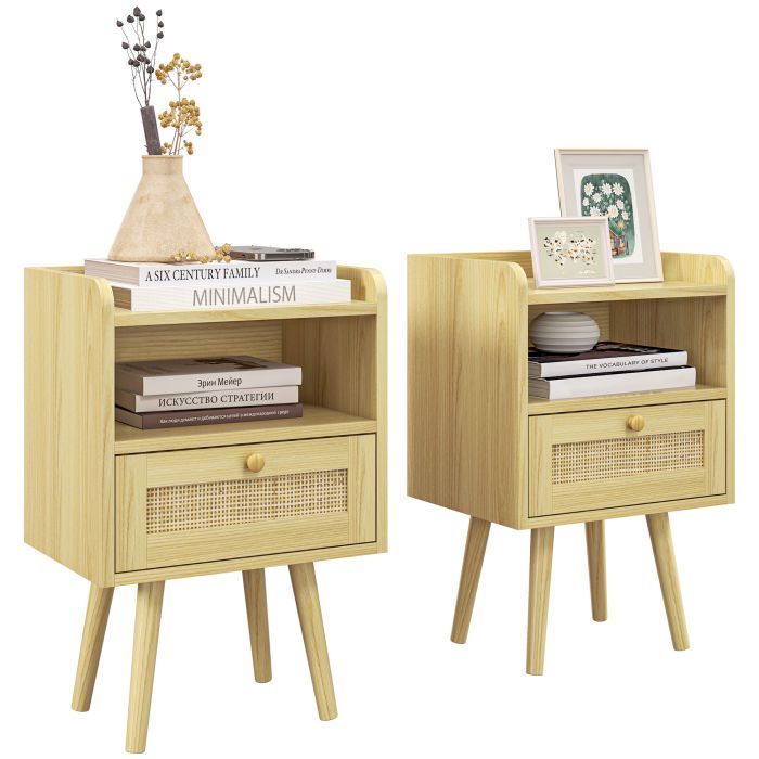 Scott Bedside Table Set of 2 Boho Nightstand with Drawer - Natural Finish