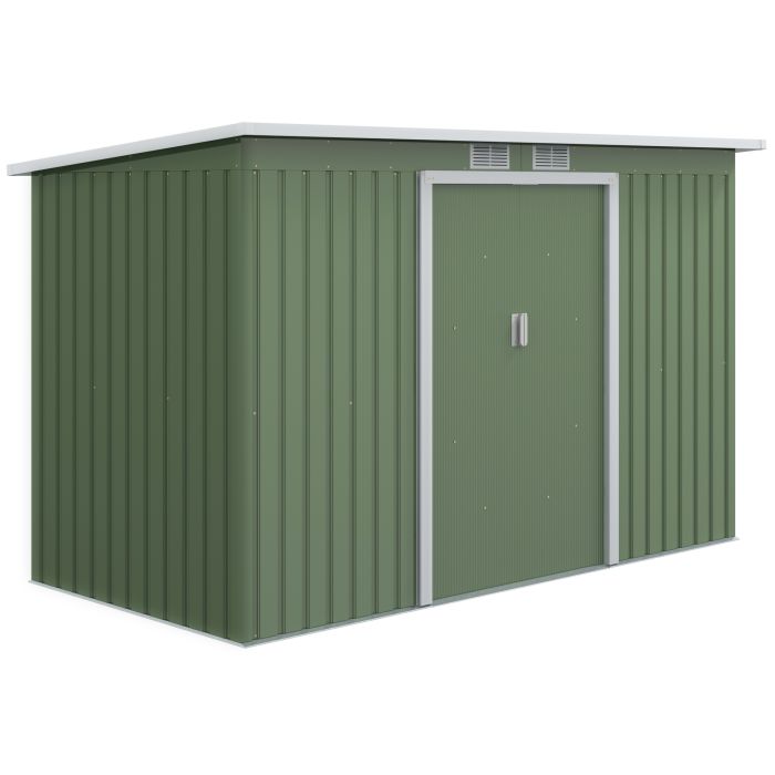 9 x 4.5 ft Pent Roof Metal Garden Storage Shed Corrugated Steel Tool Box with Foundation Ventilation & Doors, Light Green
