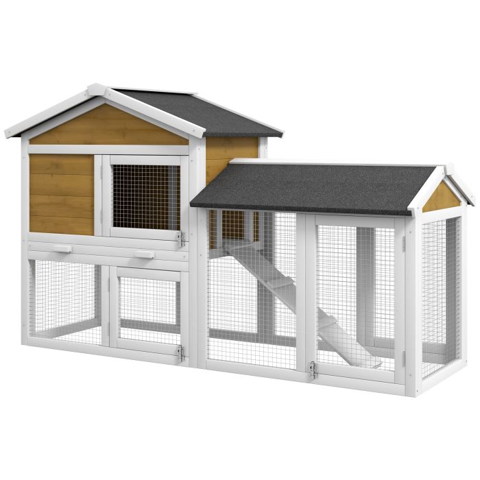 PAWSTER Wooden Rabbit Hutch Outdoor, Double Tier with Water-Resistant Roof, Ramp 147 x 54 x 84 cm, Yellow