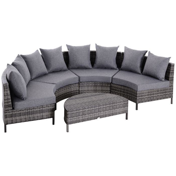 Rattan Garden Furniture 4 Seaters Half-round Patio Outdoor Sofa & Table Set Wicker Weave Conservatory Cushioned Seat with Pillow - Grey