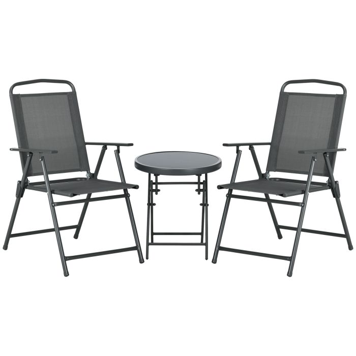 3 Pcs Garden Table and Chairs, Outdoor Bistro Set, Patio Conversation Furniture Set w/ Foldable Armchairs & Glass Top Coffee Table, Dark Grey
