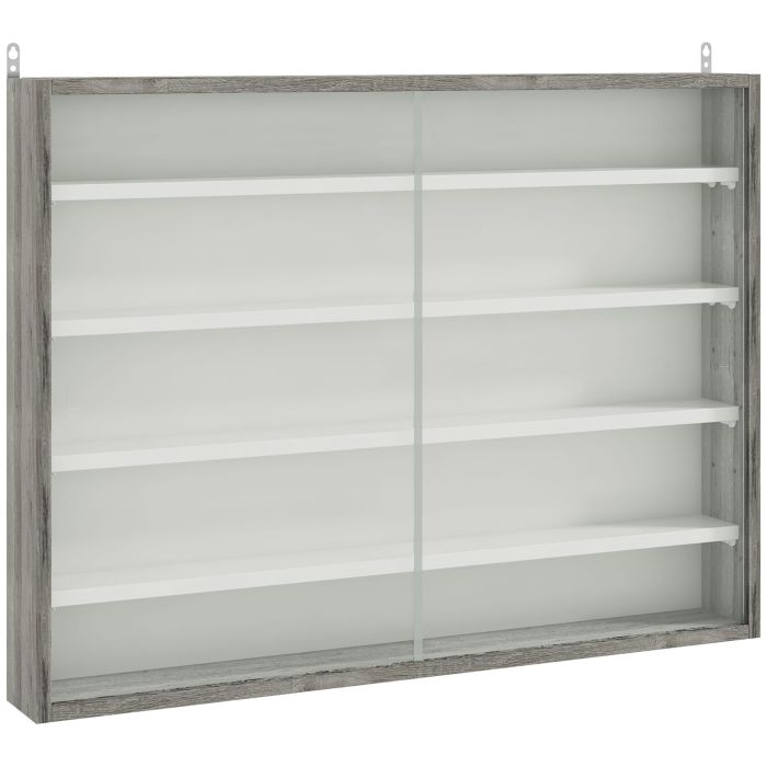 5-Tier Wall Display Shelf Unit Cabinet w/ 4 Adjustable Shelves Glass Doors Home Office Ornaments 60x80cm Grey Wood Grain