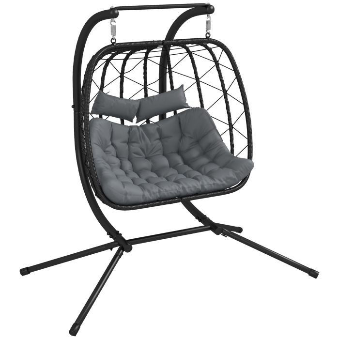 Outdoor PE Rattan Double-seater Swing Chair w/ Thick Padded Cushion, Patio Hanging Chair for 2 w/ Metal Stand, Headrest, Black