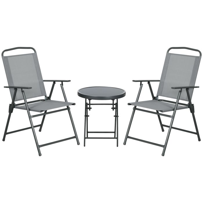 3 Pcs Garden Table and Chairs, Outdoor Bistro Set, Patio Conversation Furniture Set w/ Foldable Armchairs, Glass Top Coffee Table, Light Grey