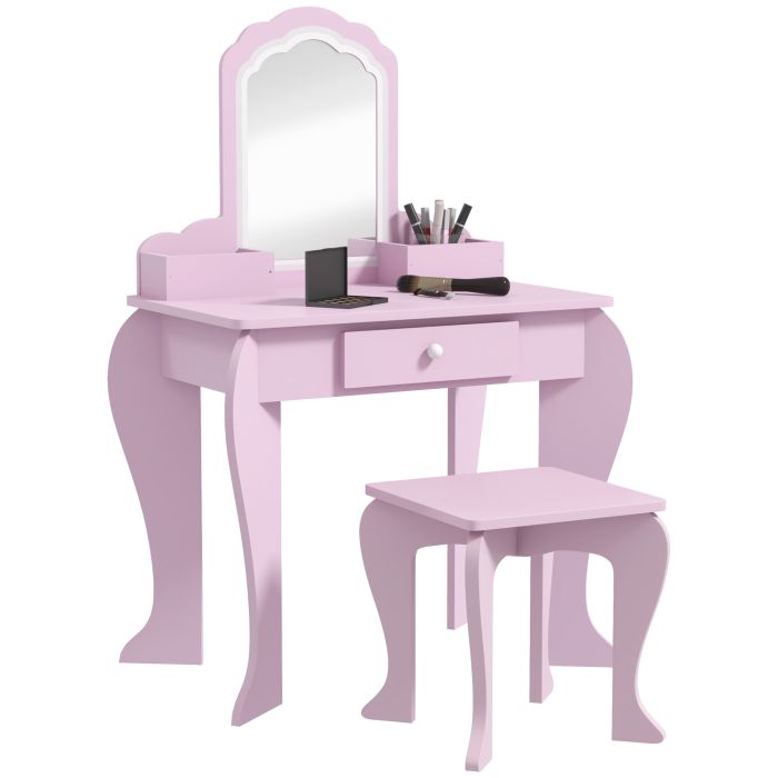 ZONEKIZ Kids Vanity Table with Mirror and Stool, Cloud Design, Drawer, Storage Boxes, for 3-6 Years Old - Pink