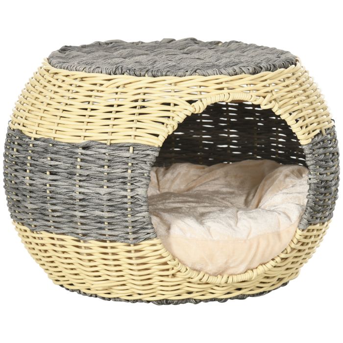 Wicker Cat House, Rattan Raised Cat Bed, Cosy Kitten Cave with Soft Washable Cushion, 40 x 30cm