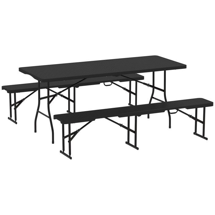 SUNVISTA Folding Picnic Table & Bench Set, Rattan Effect Camping Dining Set with Handles, Portable, Black