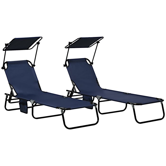 SUNVISTA 2 Piece Folding Sun Loungers with Canopy, Adjustable Recliner Garden Chairs with Side Pocket, Dark Blue