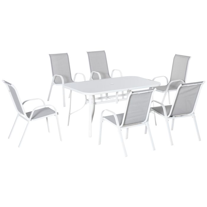 7 Piece Garden Dining Set with Dining Table and Chairs, 6 Seater Outdoor Patio Furniture w/ Parasol Hole for Backyard, Deck and Balcony, Grey