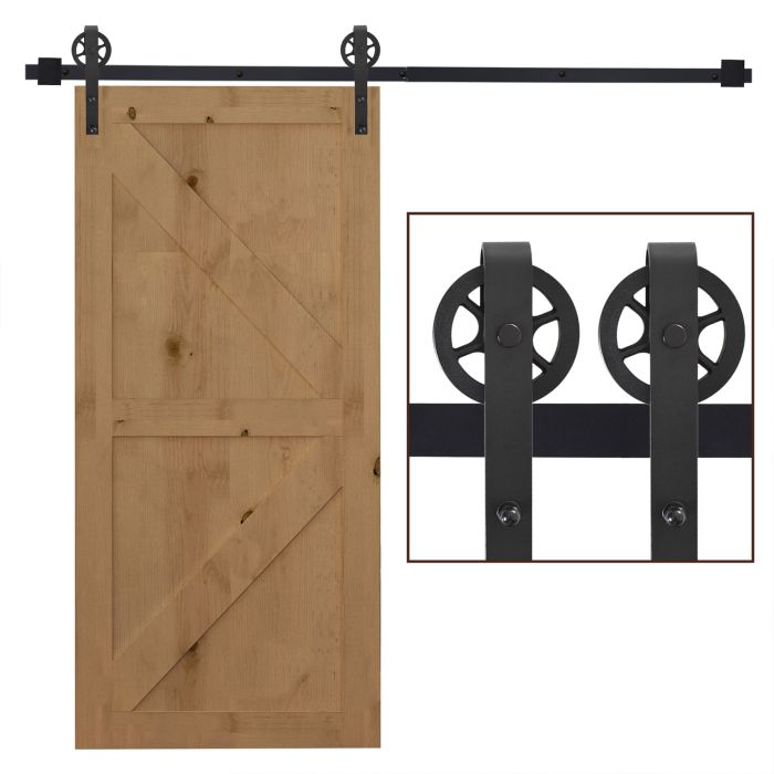6.6 FT/ 2000mm Carbon Steel Sliding Barn Door Kits Hardware Closet Set Track System for Single Wooden Door Industrial Wheel Style Roller