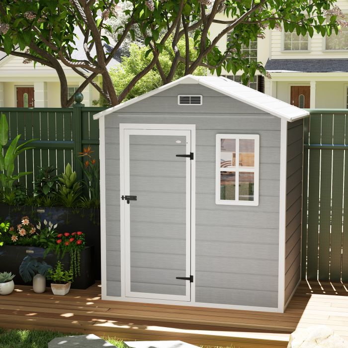SUNVISTA 6 x 4ft Garden Shed, Plastic Shed with Floor, Window, Lockable Door and Vents, Wood Effect Resin Tool Shed for Outdoor, Grey