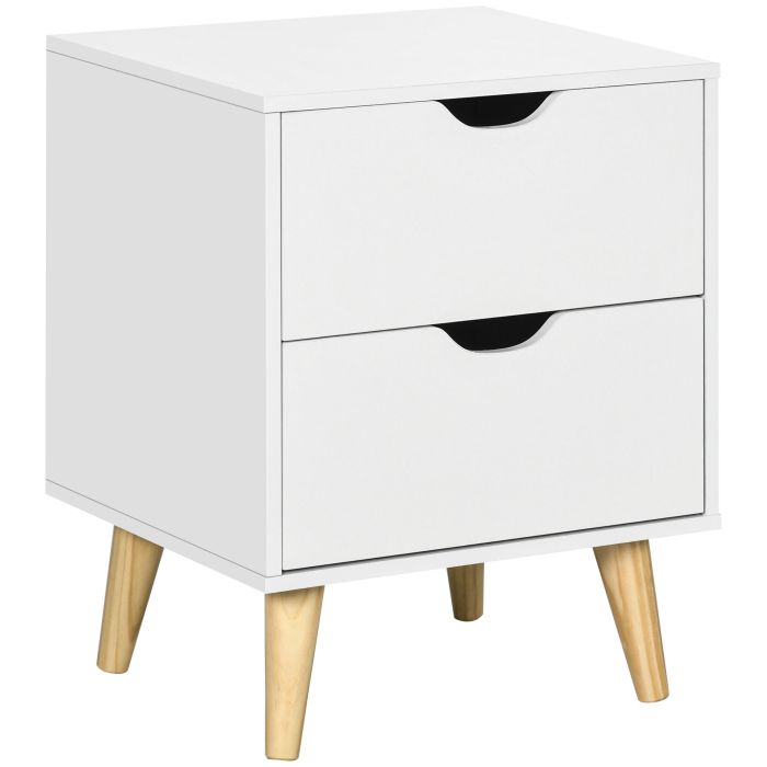 HERON Bedside Table, Bedside Cabinet with 2 Drawers, Side End Table with Pine Wood Legs for Bedroom Living Room, White