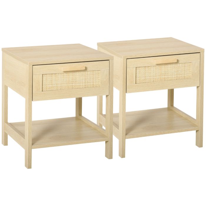 HERON Bedside Table Set of 2 with Rattan Drawer Rustic Side Tables - Natural