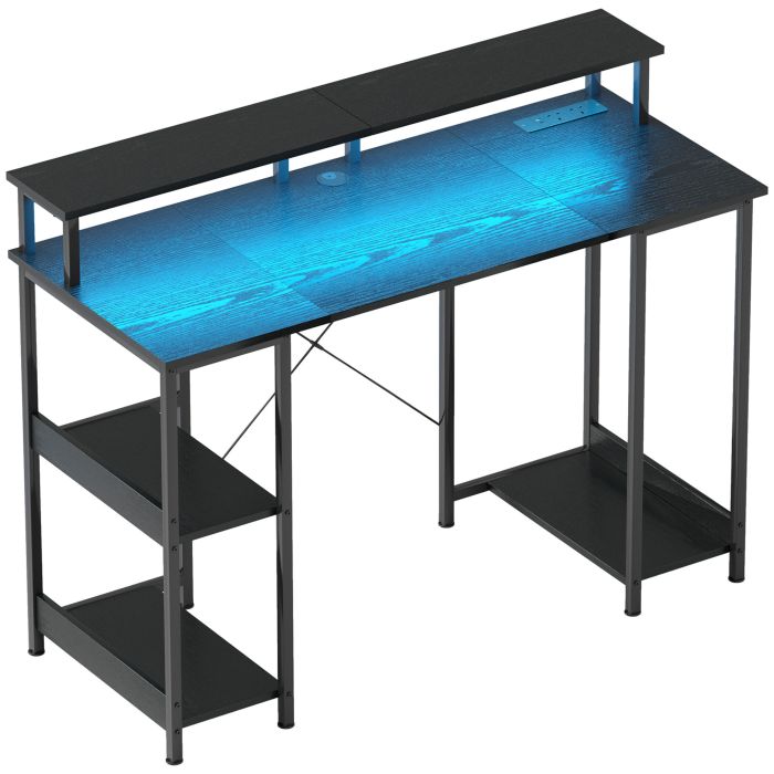 HERON Computer Desk with Power Outlets and LED Lights, Black