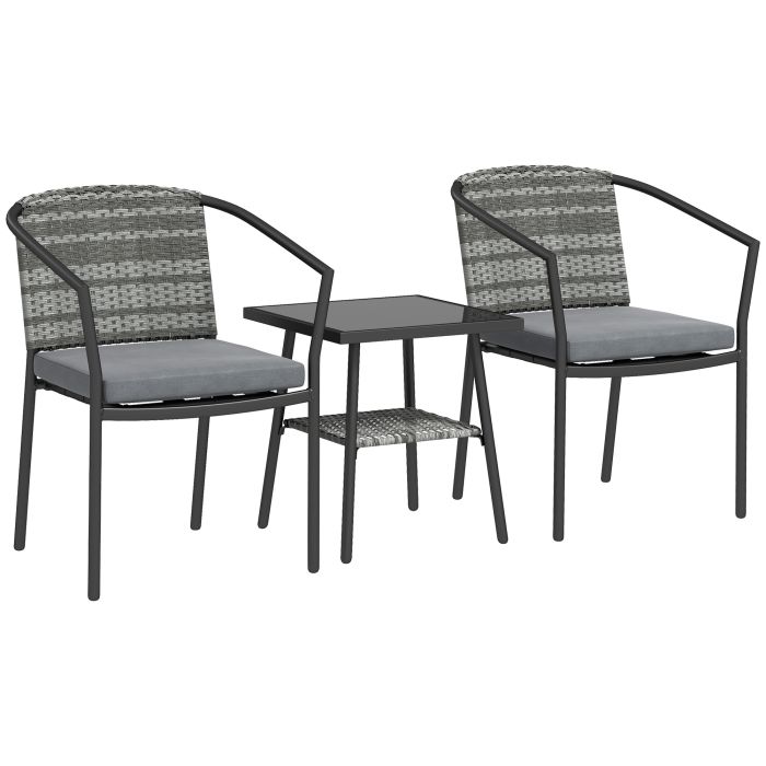 SUNVISTA 3-Piece Rattan Bistro Set with Cushions & Glass Table, Outdoor Patio Furniture Set, Grey