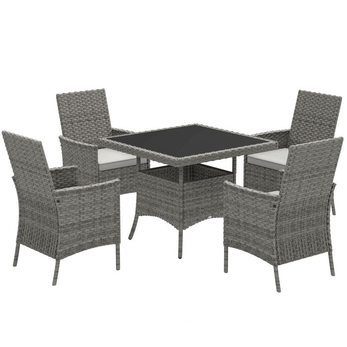 SUNVISTA 4-Seater Rattan Dining Set, Square Glass Table & Cushions, Outdoor Furniture for Balcony or Terrace, Grey