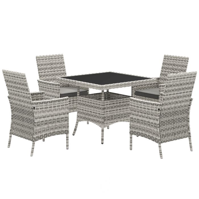 SUNVISTA 4-Seater Rattan Garden Furniture Set, Square Glass Top Dining Table with Cushions & Armchairs, Mixed Grey
