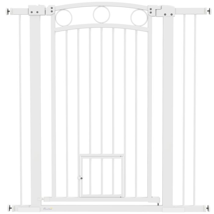 PAWSTER 106cm Tall Dog Gate with Cat Door, 7cm and 14cm Extensions, for Stairs, Doorways, 76-104cm Width