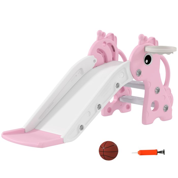 AIVAGO 3 in 1 Kids Slide with Climber, Basketball Hoop and Ball, Giraffe Shape Climber Slide for Indoor Kids Age 1-3, Pink