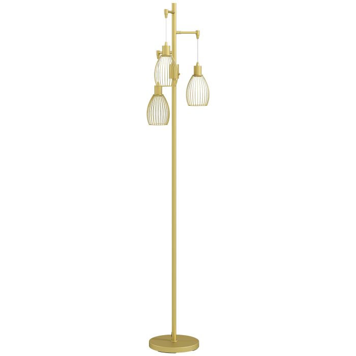 HERON 170cm Industrial 3-Light Floor Lamp, Dimmable Standing Lamp with Steel Lampshades for Living Room, Bedroom, Dinging Room, Study, Gold Tone